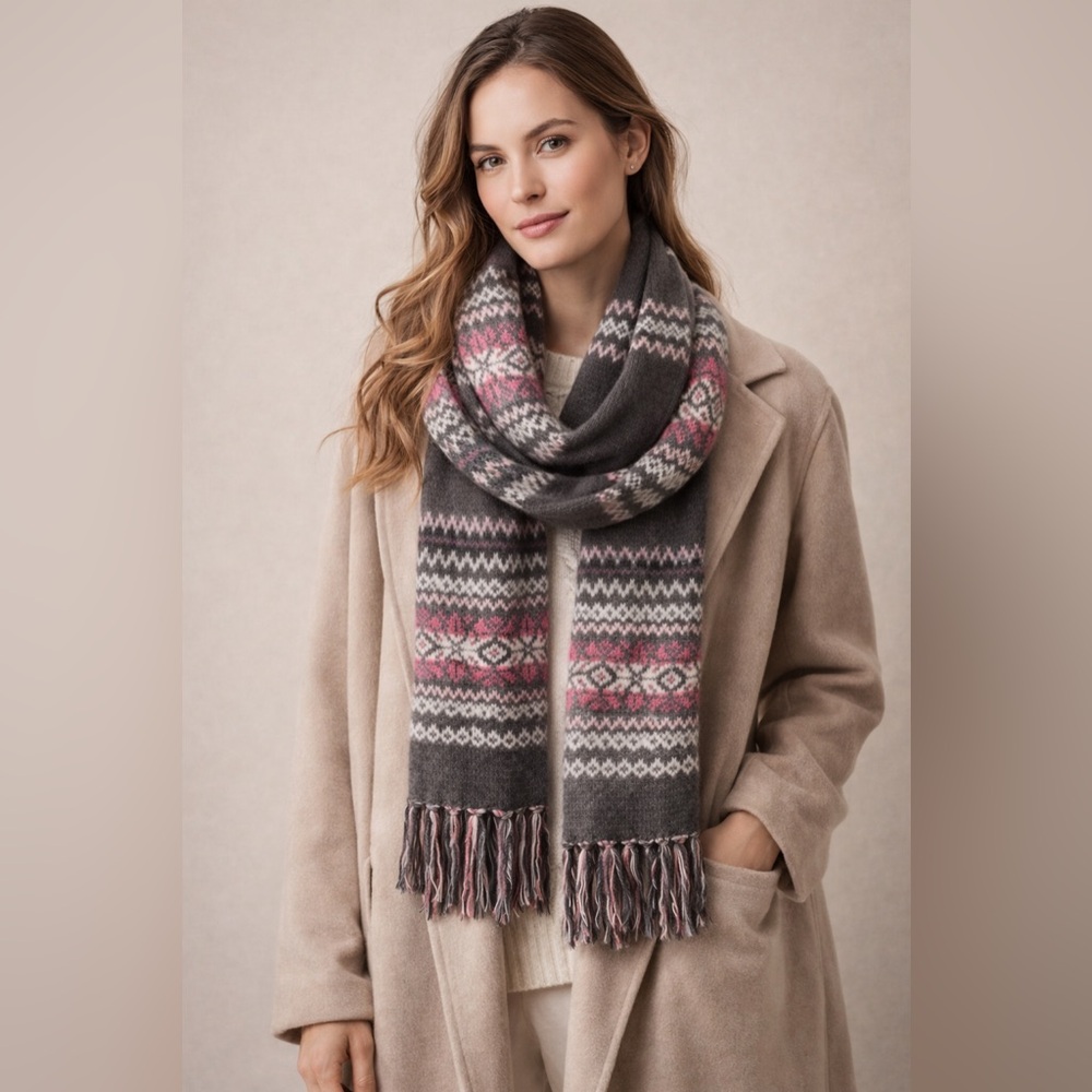 Fair Isle Knit Scarf Gray Pink Fringe Nordic Cozy Winter Cabin Core